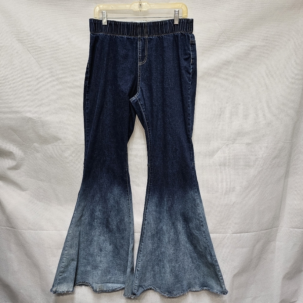 L&B Lucky & Blessed Ombre Wide Bell Bottom Dark & Light Denim Jeans Sz XL